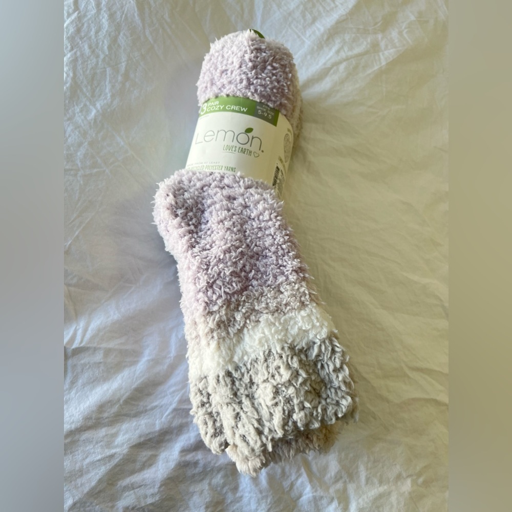 Lemon Loves Earth | (3) Pr Socks Soft Cozy Fuzzy Deep Pile | Lavender Cream Gray